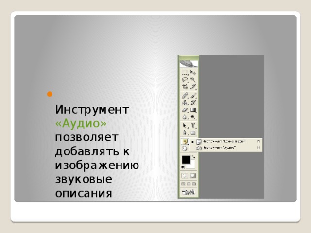   Инструмент «Аудио» позволяет добавлять к изображению звуковые описания 