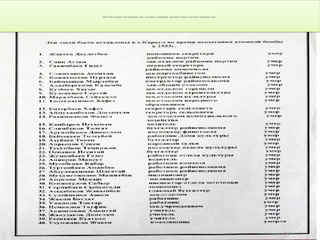     1953 жылы Қарауыл елді мекенінде сынақ алаңында қалдырылып, жарылыс кезінде қаза тапқан құрбандар тізімі .    
