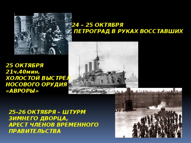 24 – 25 ОКТЯБРЯ  ПЕТРОГРАД В РУКАХ ВОССТАВШИХ 25 ОКТЯБРЯ 21ч.40мин. ХОЛОСТОЙ ВЫСТРЕЛ НОСОВОГО ОРУДИЯ «АВРОРЫ» 25-26 ОКТЯБРЯ – ШТУРМ ЗИМНЕГО ДВОРЦА, АРЕСТ ЧЛЕНОВ ВРЕМЕННОГО ПРАВИТЕЛЬСТВА 