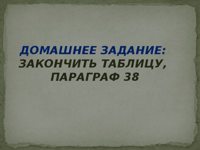 ДОМАШНЕЕ ЗАДАНИЕ: ЗАКОНЧИТЬ ТАБЛИЦУ, ПАРАГРАФ 38 