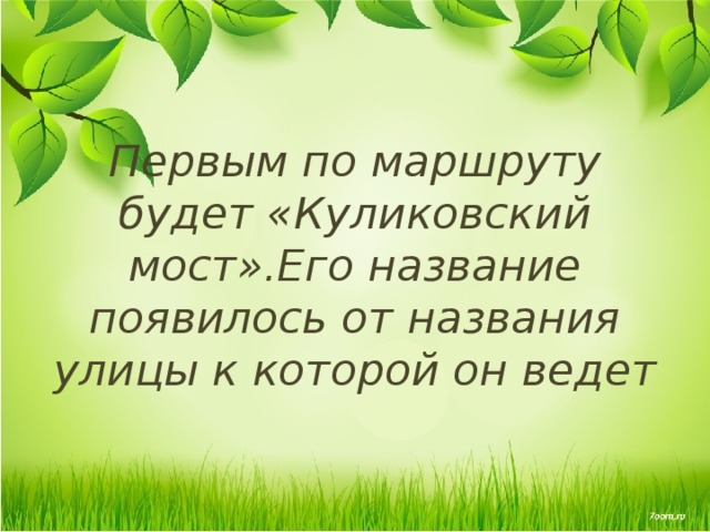 Первым по маршруту будет «Куликовский мост».Его название появилось от названия улицы к которой он ведет 
