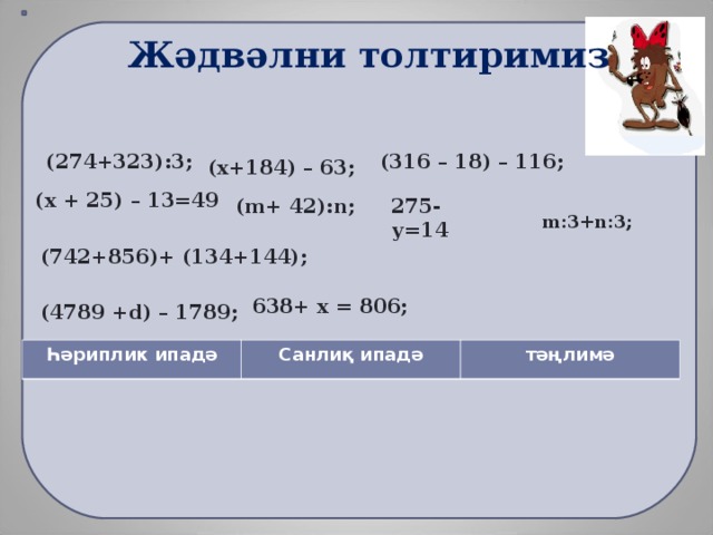 Жәдвәлни толтиримиз (316 – 18) – 116; (274+323):3;  (х+184) – 63; (х + 25) – 13=49 ( m + 42): n ; 275- у=14 m :3+ n :3; (742+856)+ (134+144); 638+ х = 806; (4789 + d ) – 1789; Һәриплик ипадә Санлиқ ипадә тәңлимә