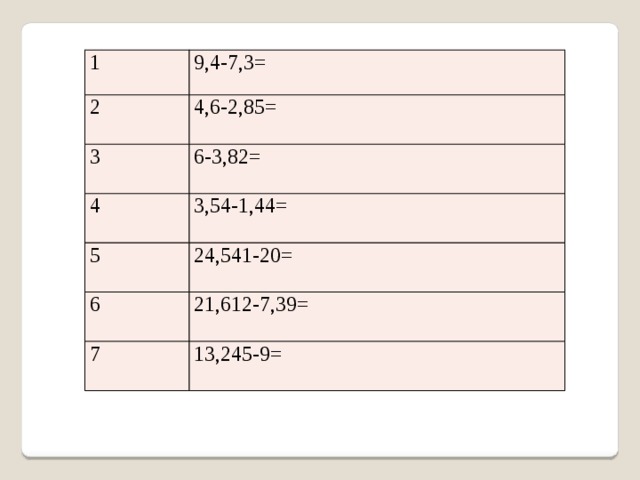 1 9,4-7,3= 2 4,6-2,85= 3 6-3,82= 4 3,54-1,44= 5 24,541-20= 6 21,612-7,39= 7 13,245-9= Покажите ту, карточку, которая соответствует вашему настроению в конце урока.