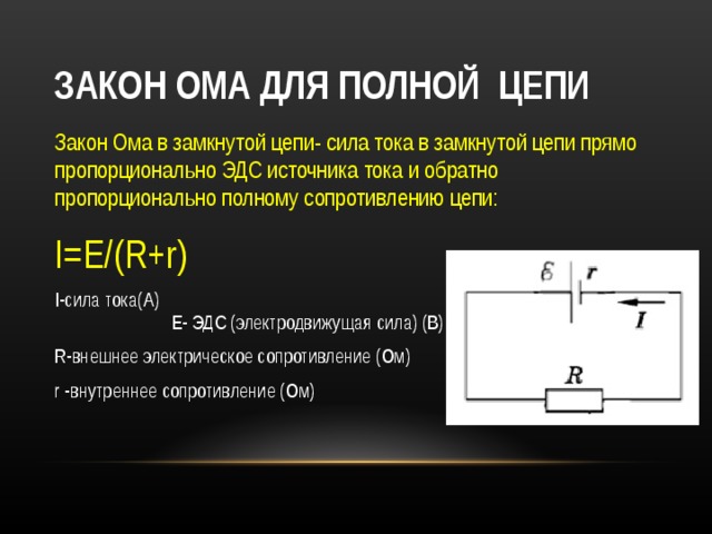 ЗАКОН ОМА ДЛЯ ПОЛНОЙ ЦЕПИ Закон Ома в замкнутой цепи- сила тока в замкнутой цепи прямо пропорционально ЭДС источника тока и обратно пропорционально полному сопротивлению цепи: I=E/ ( R+r ) I-сила тока(А) Е- ЭДС (электродвижущая сила) (В) R-внешнее электрическое сопротивление (Ом) r -внутреннее сопротивление (Ом) 
