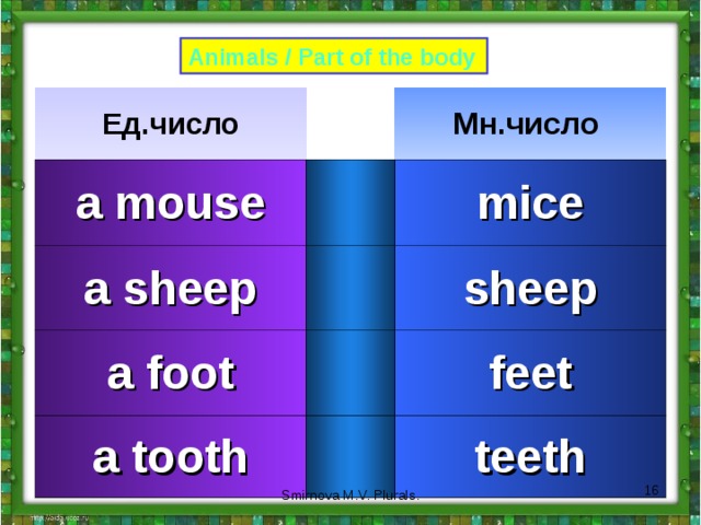 Animals / Part of the body Ед.число a mouse Мн.число a sheep mice a foot sheep a tooth feet teeth  Smirnova M.V. Plurals. 