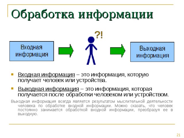 Обработка информации Входная информация – это информация, которую получает человек или устройства. Выходная информация – это информация, которая получается после обработки человеком или устройством. Выходная информация всегда является результатом мыслительной деятельности человека по обработке входной информации. Можно сказать, что человек постоянно занимается обработкой входной информации, преобразуя ее в выходную. 