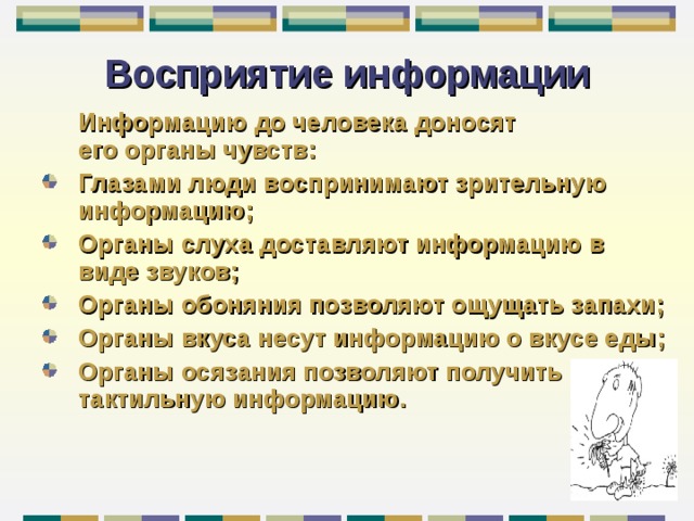 Восприятие информации  Информацию до человека доносят  его органы чувств: Глазами люди воспринимают зрительную информацию; Органы слуха доставляют информацию в виде звуков; Органы обоняния позволяют ощущать запахи; Органы вкуса несут информацию о вкусе еды; Органы осязания позволяют получить тактильную информацию. 