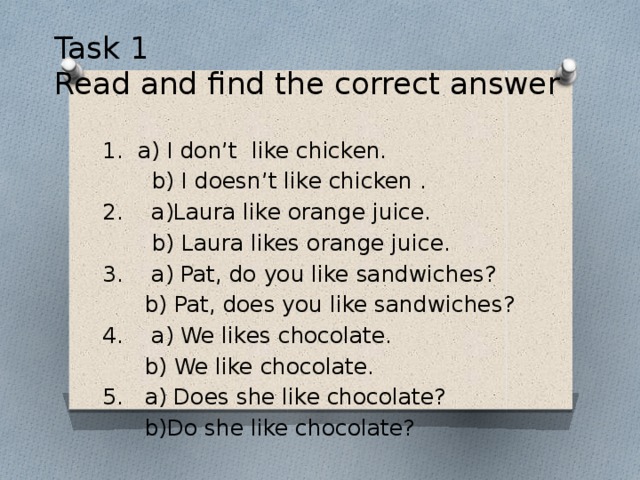 Task 1 choose the correct answer. Laura like Orange Juice или Laura likes Orange Juice. Read and correct ответы. Стихотворение i like Chicken. Read and choose Laura like Orange Juice.