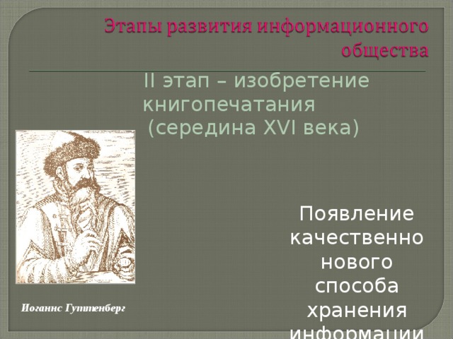  II этап – изобретение книгопечатания  (середина XVI века) Появление качественно нового способа хранения информации Иоганнс Гуттенберг 