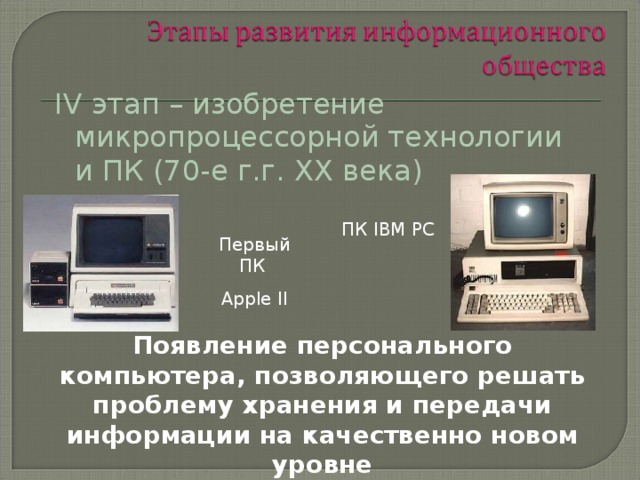 IV этап – изобретение микропроцессорной технологии и ПК (70-е г.г. XX века) ПК IBM PC Первый ПК Apple II Появление персонального компьютера, позволяющего решать проблему хранения и передачи информации на качественно новом уровне 