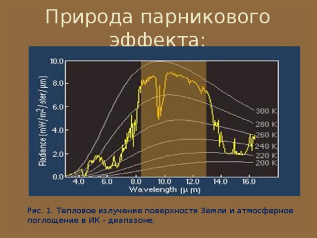 Природа парникового эффекта: Рис. 1. Тепловое излучение поверхности Земли и атмосферное поглощение в ИК - диапазоне. 