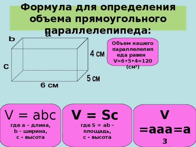 Формула для определения объема прямоугольного параллелепипеда: Объем нашего параллелепипеда равен   V=6 •5•4=120 (см ³ ) V = abc  где а – длина, b – ширина, с - высота V =  Sc  где S  =  ab – площадь, с - высота V =aaa=a³ где а – ребро куба. 