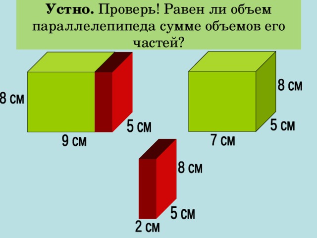 Устно. Проверь! Равен ли объем параллелепипеда сумме объемов его частей? 