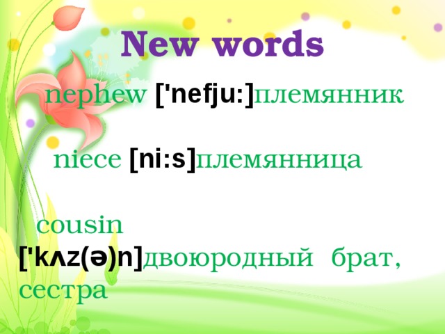 New words  nephew ['nefju:] племянник    niece [ni:s] племянница    cousin ['kʌz(ə)n] двоюродный брат, сестра  
