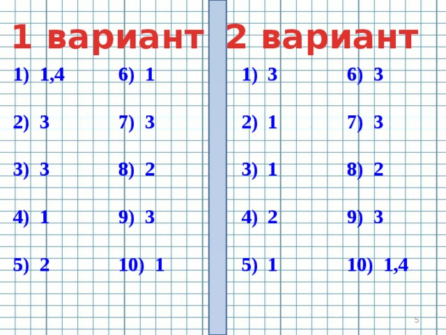 2 вариант 1 вариант 1) 1,4 1) 3 6) 3 6) 1     7) 3 7) 3 2) 1 2) 3     8) 2 8) 2 3) 3 3) 1     9) 3 9) 3 4) 2 4) 1     5) 1 10) 1 10) 1,4 5) 2      