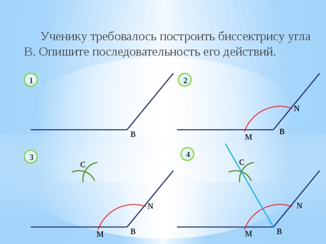  Ученику требовалось построить биссектрису угла B. Опишите последовательность его действий. 1 2 N B B М 4 3 C C N N B B М М 