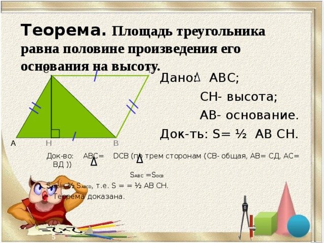 Теорема.  Площадь треугольника равна половине произведения его основания на высоту. С D Дано: АВС;  СН- высота;  АВ- основание. Док-ть: S = ½  АВ СН. Н А В Док-во: АВС= D СВ (по трем сторонам (СВ- общая, АВ= СД, АС= ВД ))  S АВС = S D СВ  S АВС = ½ S А BCD , т.е. S = = ½ АВ СН.       Теорема доказана. 4 5 