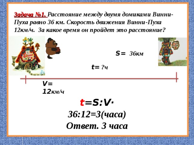 Задача №1. Расстояние между двумя домиками Винни-Пуха равно 36 км. Скорость движения Винни-Пуха 12км/ч. За какое время он пройдет это расстояние? S = 36км t = ?ч V = 12 км/ч t =S : V · 36:12 = 3(часа) Ответ. 3 часа 