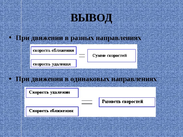 ВЫВОД При движении в разных направлениях    При движении в одинаковых направлениях  