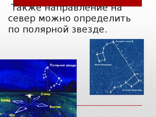  Также направление на север можно определить по полярной звезде. 