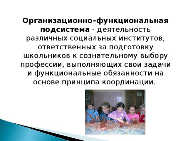 Организационно–функциональная подсистема - деятельность различных социальных институтов, ответственных за подготовку школьников к сознательному выбору профессии, выполняющих свои задачи и функциональные обязанности на основе принципа координации. 