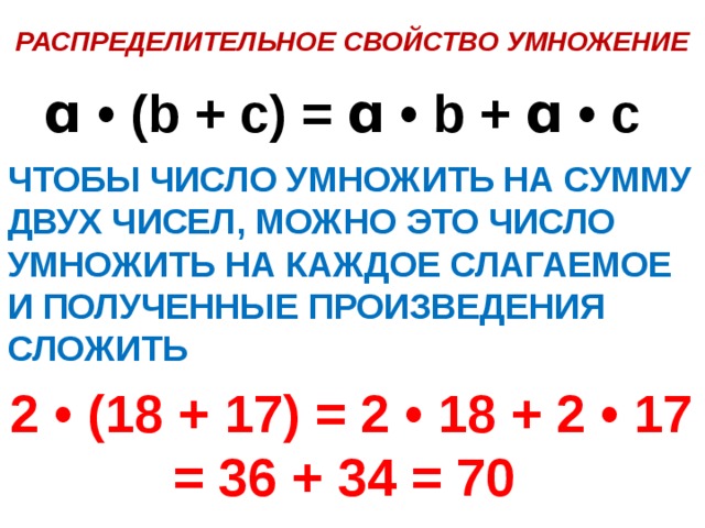 Вычислите применив распределительное свойство умножения. Свойство умножения суммы на число. Правило умножения суммы на число. Умножение суммы и разности на число. Правила умножения числа на сумму.