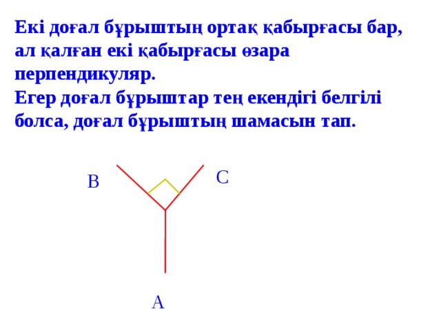 Екі доғал бұрыштың ортақ қабырғасы бар, ал қалған екі қабырғасы өзара перпендикуляр. Егер доғал бұрыштар тең екендігі белгілі болса, доғал бұрыштың шамасын тап. С В А 