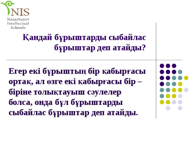 Қандай бұрыштарды сыбайлас бұрыштар деп атайды? Егер екі бұрыштың бір қабырғасы ортақ, ал өзге екі қабырғасы бір – біріне толықтауыш сәулелер болса, онда бұл бұрыштарды сыбайлас бұрыштар деп атайды. 