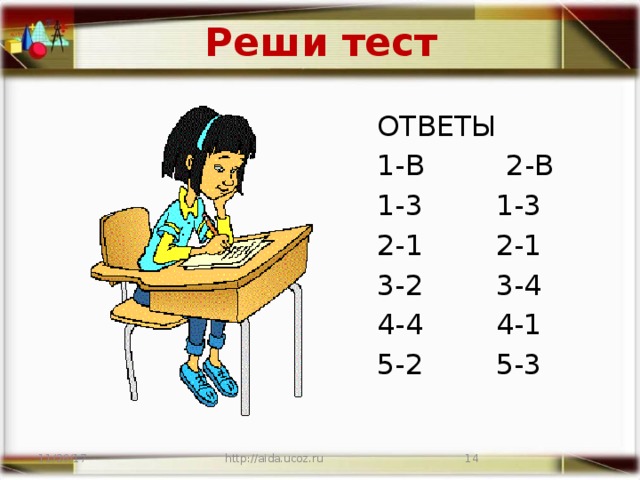 Реши тест ОТВЕТЫ 1-В 2-В 1-3 1-3 2-1 2-1 3-2 3-4 4-4 4-1 5-2 5-3 11/26/17 http://aida.ucoz.ru  