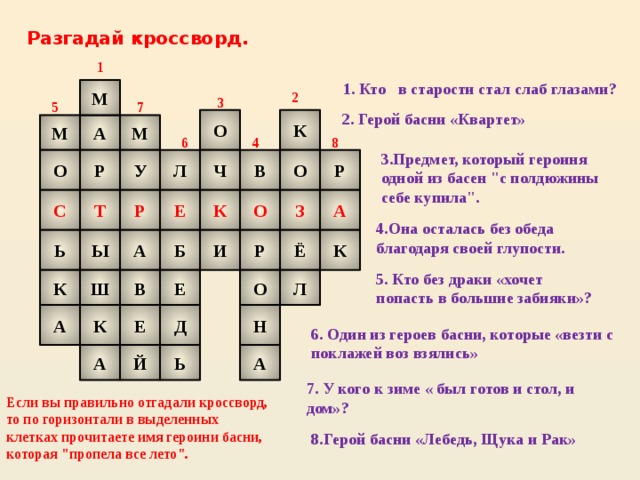 Разгадай кроссворд. 1 1. Кто в старости стал слаб глазами? М 2 3 7 5 2. Герой басни «Квартет» О К А М М 6 4 8 3.Предмет, который героиня одной из басен 