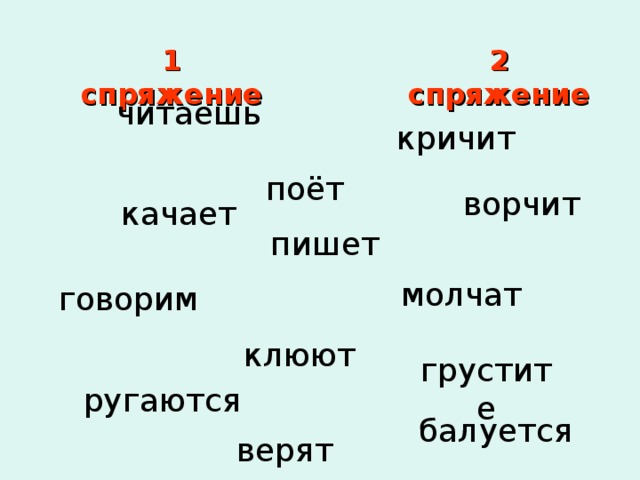 1 спряжение 2 спряжение читаешь кричит поёт ворчит качает пишет молчат говорим клюют грустите ругаются балуется верят 