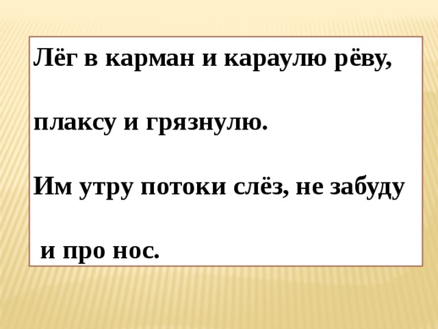 Лёг в карман и караулю рёву,  плаксу и грязнулю.  Им утру потоки слёз, не забуду   и про нос. 