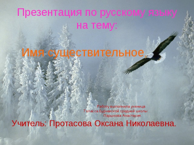 Презента ция по русскому языку на тему:  Имя существительное .  Работу выполнила ученица  7 класса Бурнакской средней школы  Паршкова Анастасия. Учитель: Протасова Оксана Николаевна. 