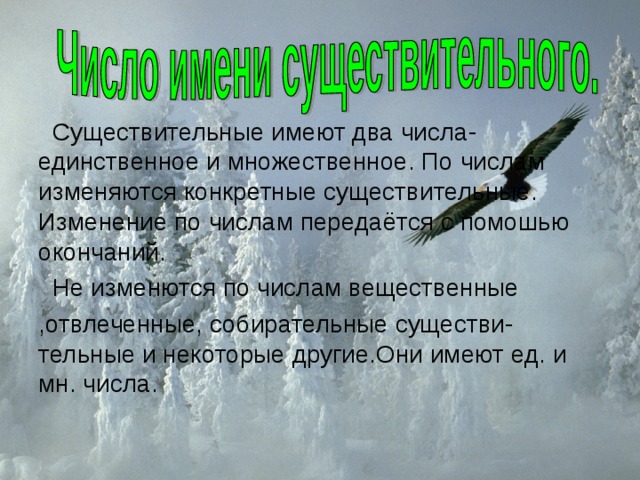  Существительные имеют два числа- единственное и множественное. По числам изменяются конкретные существительные. Изменение по числам передаётся с помошью окончаний.  Не изменются по числам вещественные ,отвлеченные, собирательные существи-тельные и некоторые другие.Они имеют ед. и мн. числа. 