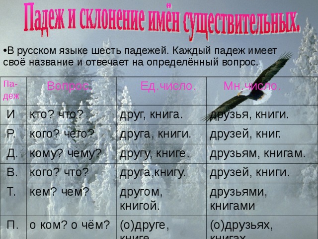 В русском языке шест ь падежей. Каждый падеж имеет своё название и отвечает на определённый вопрос. Па- деж  Вопрос.  И кто? что?  Р.  Ед.число. кого? чего?  Д. друг, книга.  Мн.число. друзья, книги. кому? чему? друга, книги.  В. друзей, книг. другу, книге. кого? что?  Т. кем? чем? друзьям, книгам.  П. друга,книгу. другом, книгой. друзей, книги. о ком? о чём? друзьями, книгами (о)друге, книге. (о)друзьях, книгах. 