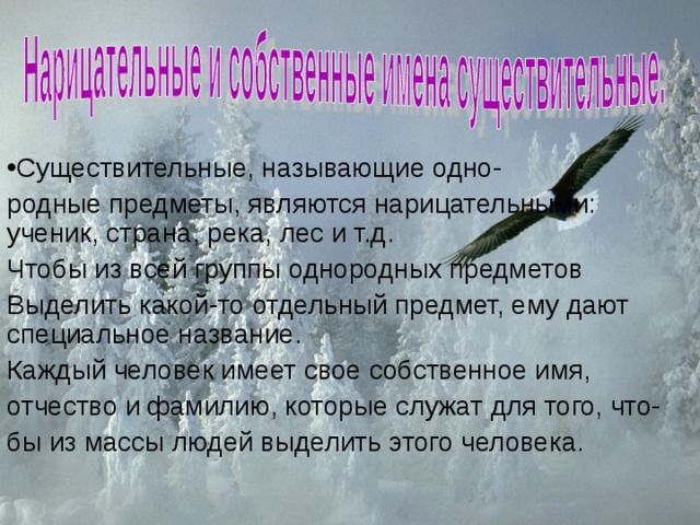Существительные, называющие одно- родные предметы, являются нарицательными: ученик, страна, река, лес и т.д. Чтобы из всей группы однородных предметов Выделить какой-то отдельный предмет, ему дают специальное название. Каждый человек имеет свое собственное имя, отчество и фамилию, которые служат для того, что- бы из массы людей выделить этого человека. 