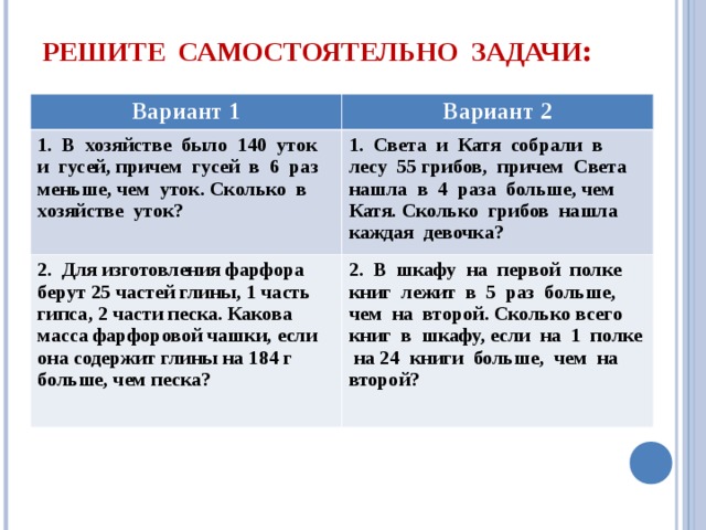 РЕШИТЕ САМОСТОЯТЕЛЬНО ЗАДАЧИ : Вариант 1 Вариант 2 1. В хозяйстве было 140 уток и гусей, причем гусей в 6 раз меньше, чем уток. Сколько в хозяйстве уток? 1. Света и Катя собрали в лесу 55 грибов, причем Света нашла в 4 раза больше, чем Катя. Сколько грибов нашла каждая девочка? 2. Для изготовления фарфора берут 25 частей глины, 1 часть гипса, 2 части песка. Какова масса фарфоровой чашки, если она содержит глины на 184 г больше, чем песка?  2. В шкафу на первой полке книг лежит в 5 раз больше, чем на второй. Сколько всего книг в шкафу, если на 1 полке на 24 книги больше, чем на второй? 