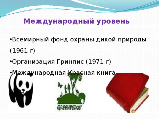 Международный уровень Всемирный фонд охраны дикой природы (1961 г) Организация Гринпис (1971 г) Международная Красная книга 