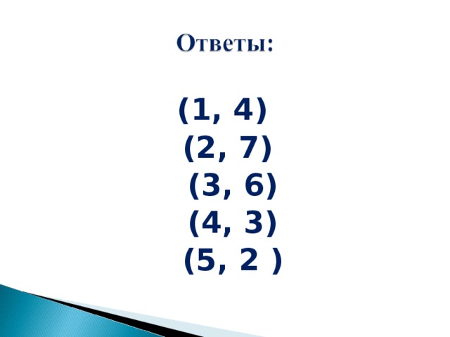 (1, 4) (2, 7)  (3, 6)  (4, 3)  (5, 2 )  