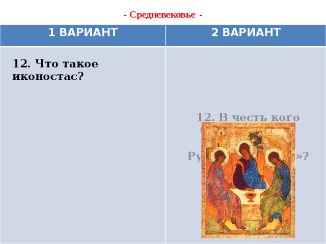 - Средневековье  -   1 ВАРИАНТ 2 ВАРИАНТ 12. В честь кого была написана икона Андрея Рублева «Троица»? 12. Что такое иконостас?   