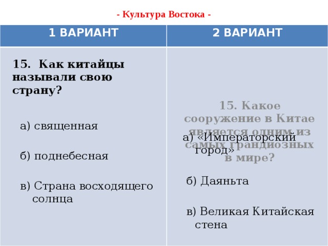 - Культура Востока -   1 ВАРИАНТ 2 ВАРИАНТ 15. Какое сооружение в Китае является одним из самых грандиозных в мире?   15. Как китайцы называли свою страну?   а) священная б) поднебесная в) Страна восходящего солнца а) «Императорский город»  б) Даяньта  в) Великая Китайская стена 