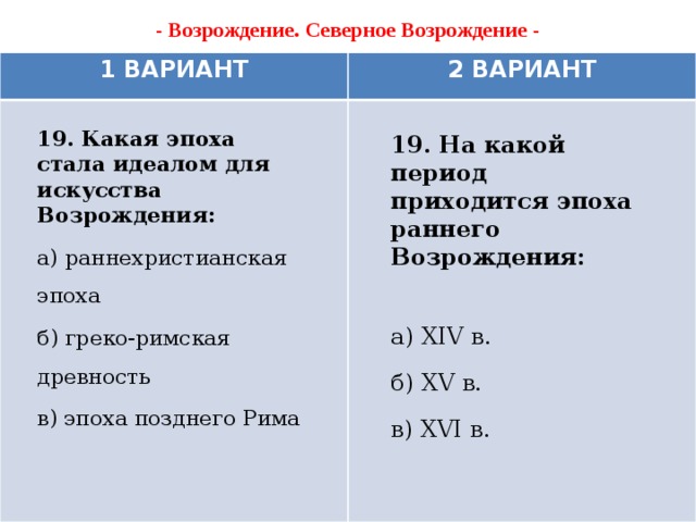 - Возрождение. Северное Возрождение -   1 ВАРИАНТ 2 ВАРИАНТ 19. Какая эпоха стала идеалом для искусства Возрождения: а) раннехристианская эпоха б) греко-римская древность в) эпоха позднего Рима 19. На какой период приходится эпоха раннего Возрождения:  а) XIV в. б) XV в. в) XVI в.    