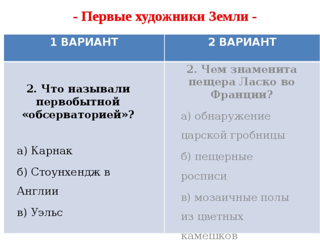 - Первые художники Земли - 1 ВАРИАНТ 2 ВАРИАНТ 2.  Чем знаменита пещера Ласко во Франции? а) обнаружение царской гробницы б) пещерные росписи в) мозаичные полы из цветных камешков 2. Что называли первобытной «обсерваторией»?  а) Карнак б) Стоунхендж в Англии в) Уэльс 