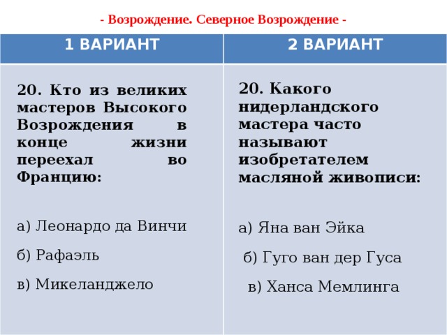 - Возрождение. Северное Возрождение -   1 ВАРИАНТ 2 ВАРИАНТ 20. Какого нидерландского мастера часто называют изобретателем масляной живописи:  а) Яна ван Эйка  б) Гуго ван дер Гуса  в) Ханса Мемлинга 20. Кто из великих мастеров Высокого Возрождения в конце жизни переехал во Францию: а) Леонардо да Винчи б) Рафаэль в) Микеланджело    