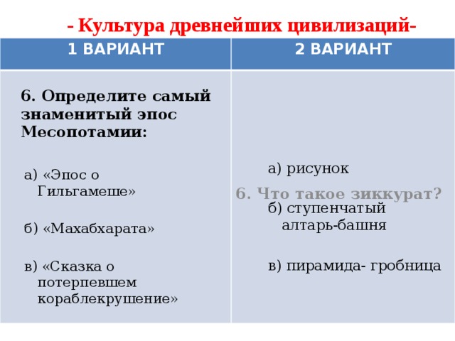 - Культура древнейших цивилизаций- 1 ВАРИАНТ 2 ВАРИАНТ 6. Определите самый знаменитый эпос Месопотамии: 6. Что такое зиккурат?   а) рисунок б) ступенчатый алтарь-башня в) пирамида- гробница а) «Эпос о Гильгамеше» б) «Махабхарата» в) «Сказка о потерпевшем кораблекрушение» 