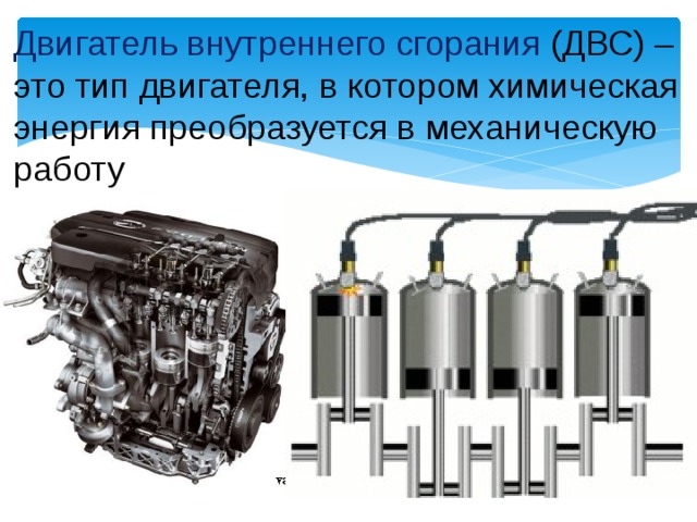 Двигатель внутреннего сгорания (ДВС) – это тип двигателя, в котором химическая энергия преобразуется в механическую работу