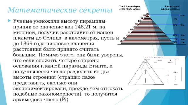 Математические секреты Ученые умножили высоту пирамиды, приняв ее значение как 148,21 м, на миллион, получив расстояние от нашей планеты до Солнца, в километрах, пусть и до 1869 года числовое значения расстояния было принято считать большим. Помимо этого, они были уверены, что если сложить четыре стороны основания главной пирамиды Египта, а получившееся число разделить на две высоты строения (страшно даже представить, сколько они экспериментировали, прежде чем отыскать подобные закономерности), то получится архимедово число (Pi).  