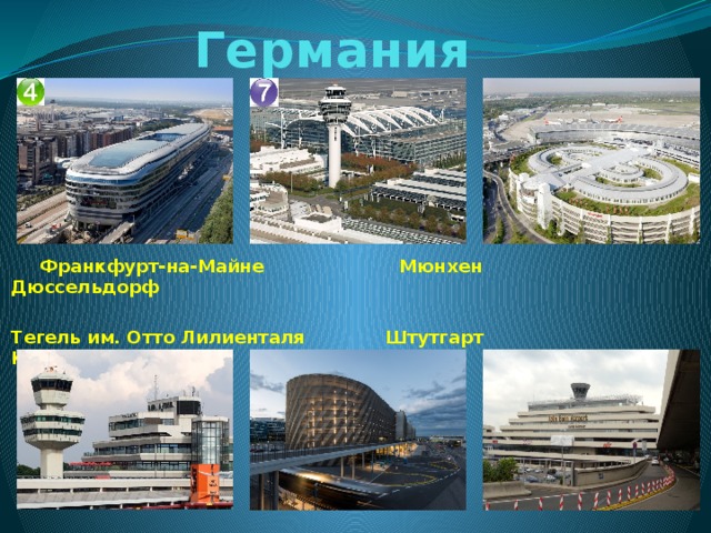 Германия  Франкфурт-на-Майне Мюнхен Дюссельдорф  Тегель им. Отто Лилиенталя Штутгарт Кёльн-Бонн 