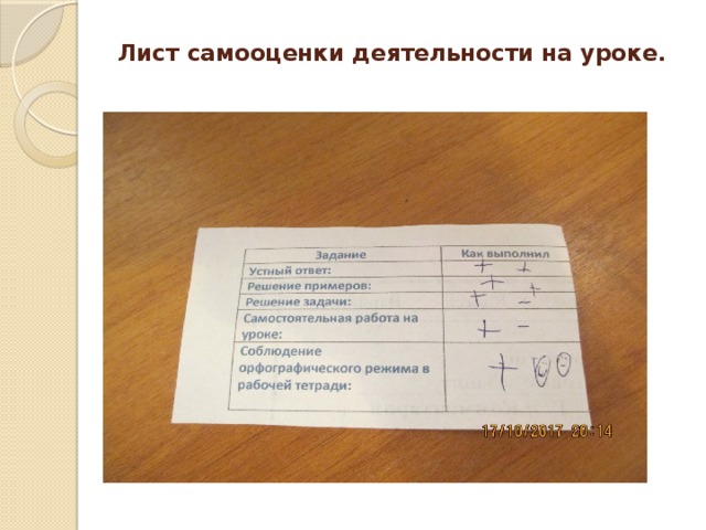 Лист самооценки деятельности на уроке.   