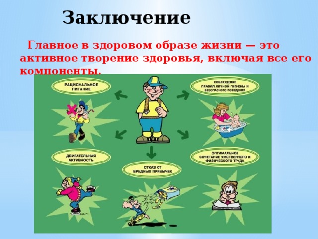 Заключение  Главное в здоровом образе жизни — это активное творение здоровья, включая все его компоненты. 